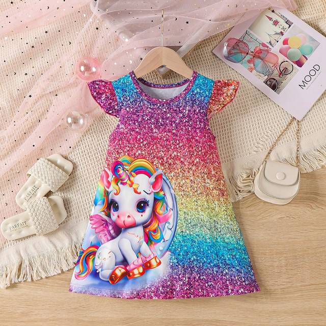 SHEIN Young Girls Casual Brick Pattern Cartoon Unicorn Print Cap Sleeve Dress