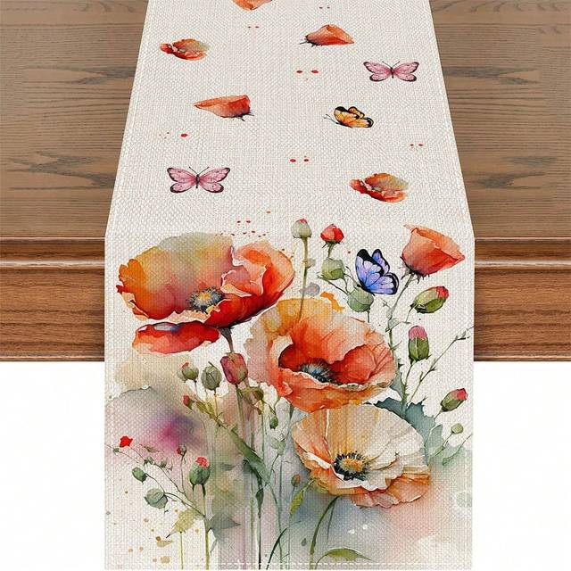 SHEIN 1pc Spring Red Poppy Flower Table Runner, Watercolor Patriotic Floral Butterfly Home Kitchen Botanical Decor, Memorial Day Summer Seasonal Farmhouse D