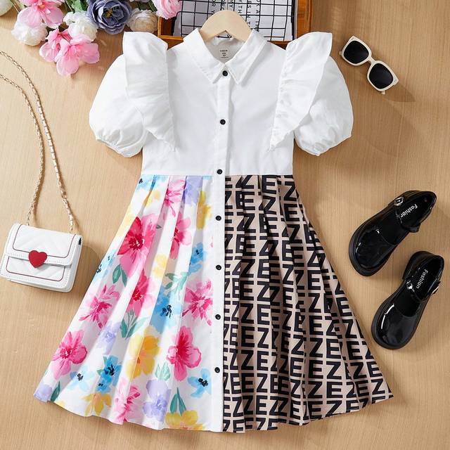 SHEIN Tween Girls&#39; Loose Fit Colorblock Dress Featuring Fresh Flower Pattern Patchwork And Letter Print Collar