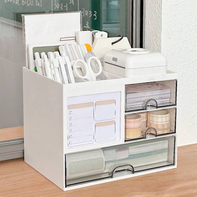 SHEIN 1pc Desktop Storage Box With Drawers, Student Stationery Organizer Pen Holder With Memo Note Holder, Office School Home Desktop Organizer, Makeup Stor