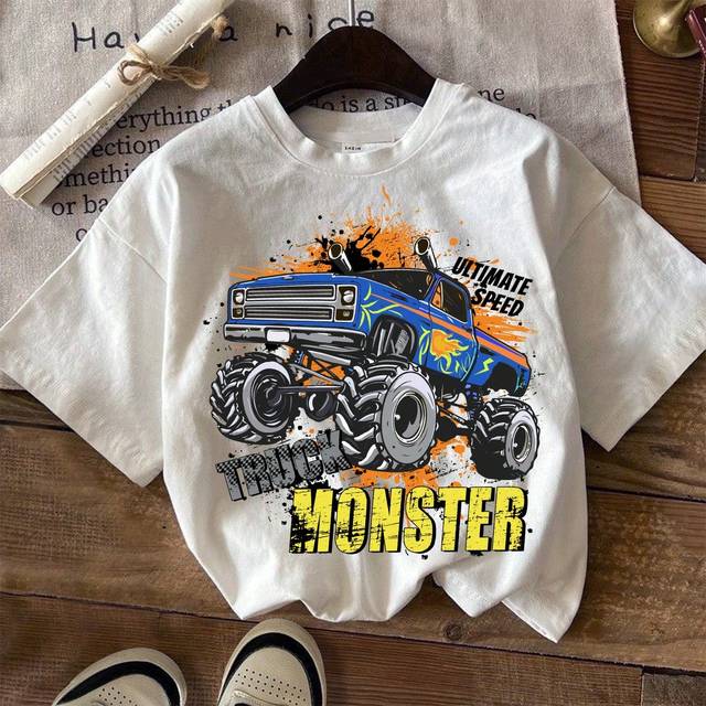 SHEIN ModeFlare Wear Monster Truck & Young Boy Casual Simplistic Truck Graphic Print Round Neck Short Sleeve T-Shirt, Cotton Blend, Suitable For Summer