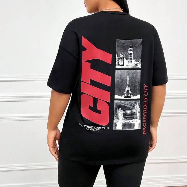 Casual oversized T-shirt för kvinnor med slogantryck - Svart (L,M,S,XS)
