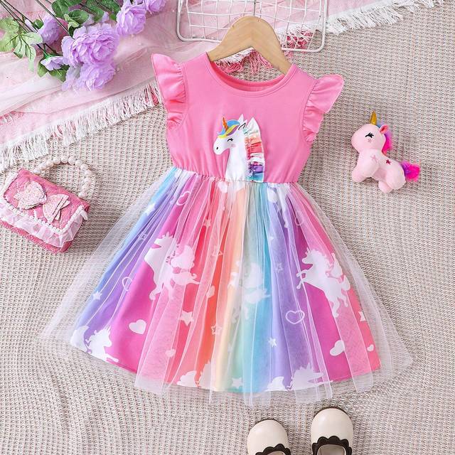 SHEIN Young Girl Spring/Summer Unicorn Print Mesh Splice Dress