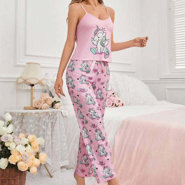 Kvinnors tecknade Unicorn Print Sleepwear Set Pyjamas Set - Multifärgad (L,M,S,XL)
