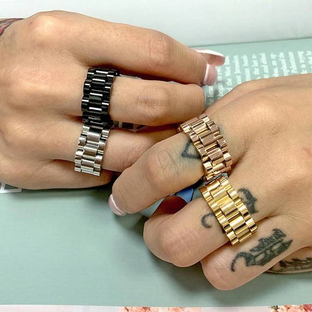 1st Lyxig Never Fade 18K Guldpläterad Fet Bred Tjock Ring För Kvinnor Chunky Link Chain Rostfritt stål Rem Finger Rings Smycken - Rosa Guld (7,9,11,6,8,10,12)