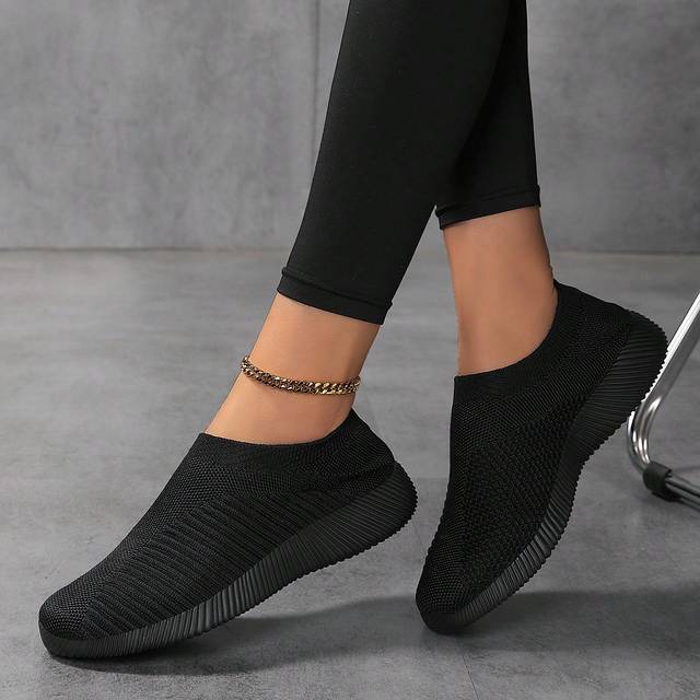 SHEIN Women&#39;s Breathable Lightweight Knitted Casual Flat Loafers, Easy Slip-On And Comfortable, Black, For Walking Shoes For Women