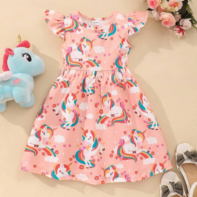 SHEIN Young Girl Cap Sleeve Unicorn Print Casual Summer Dress