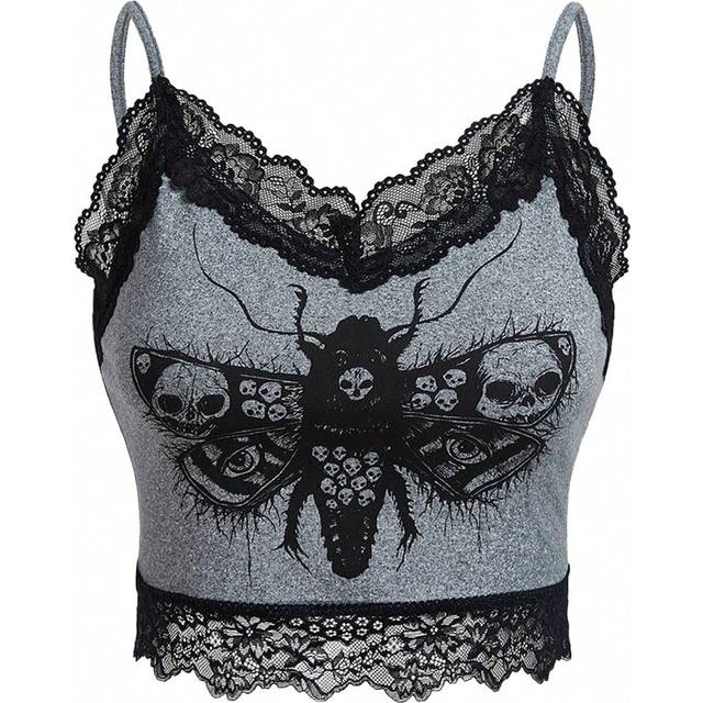 SHEIN Artist Dark Plus Size Cropped Slim Fit Contrast Lace Camisole Top, For Summer, Holiday, Vacation, Spring, Beach, Going Out, Festival, Ibiza Fits