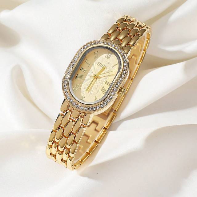 DISU 1pc Women&#39;s Oval Dial Gold-Silver Stainless Steel Strap Classic Business Quartz Watch With Rhinestones, Suitable For Daily Life
