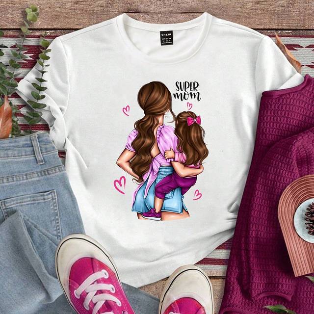 SHEIN 1pc Family Matching Women&#39;s Casual Mother-Daughter Short Sleeve T-Shirt With Printed Back Figures, Letters Pattern Graphic Tees Women Tops