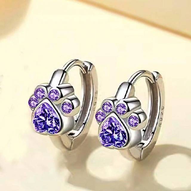SHEIN Cute Pet Paw Print & Blue Cubic Zirconia Ear Studs
