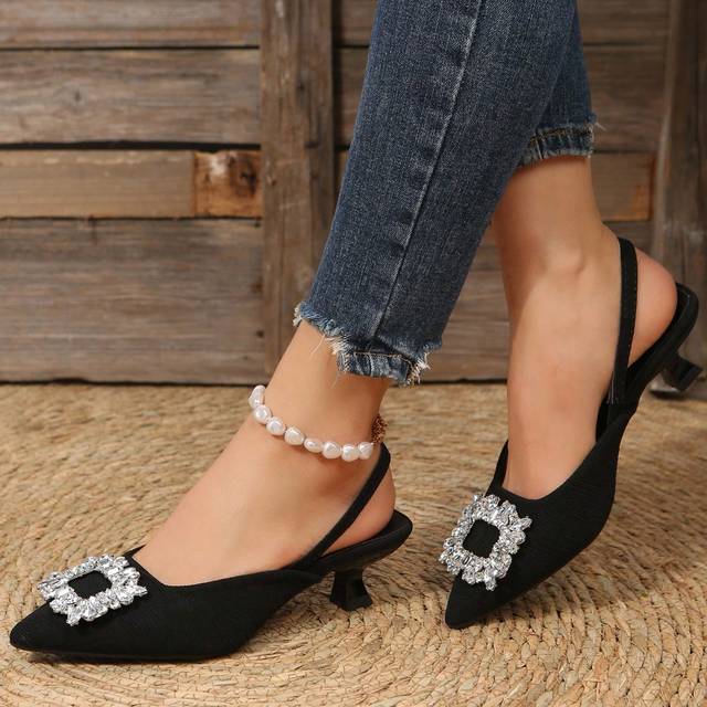 SHEIN Women&#39;s New Style Low Heel Pumps With Square Buckle Pointy Toe, Sexy For Party, Beach, Wedding, Student