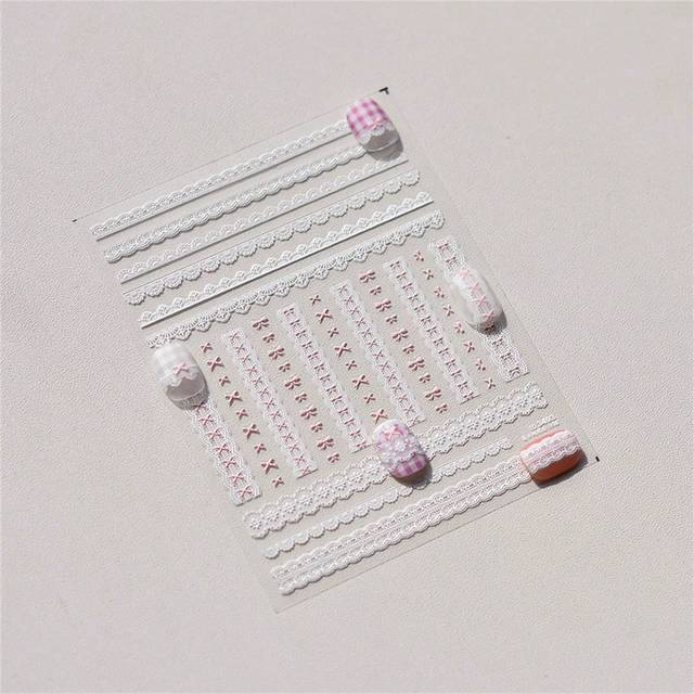 SHEIN 1pc 5D Nail Art StickersSweet Bowknot Pink Lace Heart Self Adhesive Nail Art Stickers Decals Manicure Decals DIY