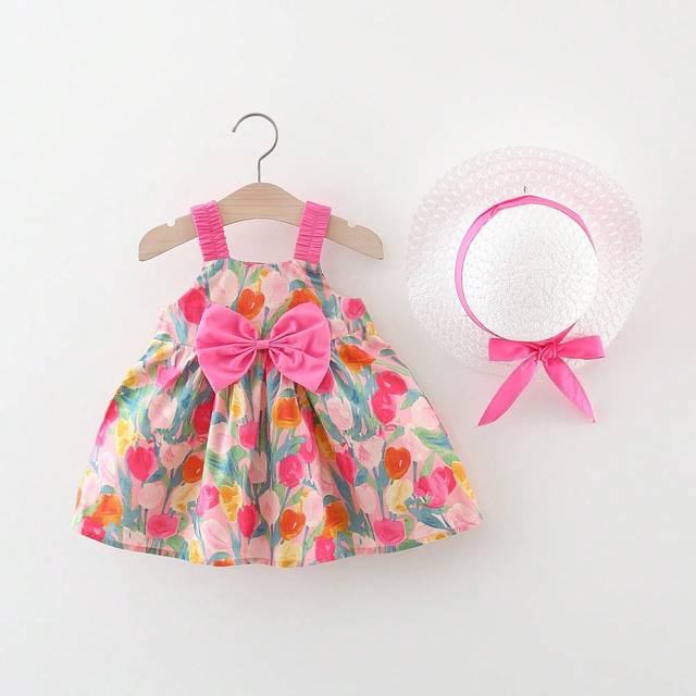 2st/set Ny sommar flicka Söt bowknot blommig tryckt prinsessklänning med hatt - Skrikrosa (9-12M,12-18M,18-24M,2-3Y)