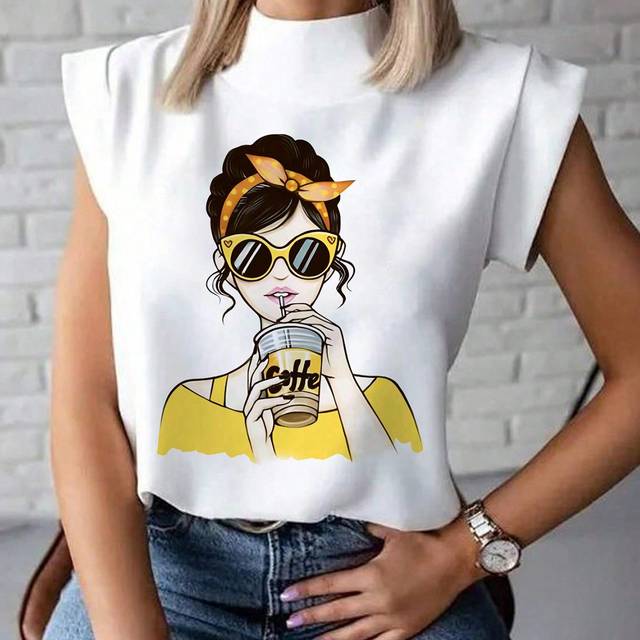 INAWLY Portrait Print Plus Size Summer Casual T-Shirt With Contrast Trim Standing Collar Graphic Tees Women Tops