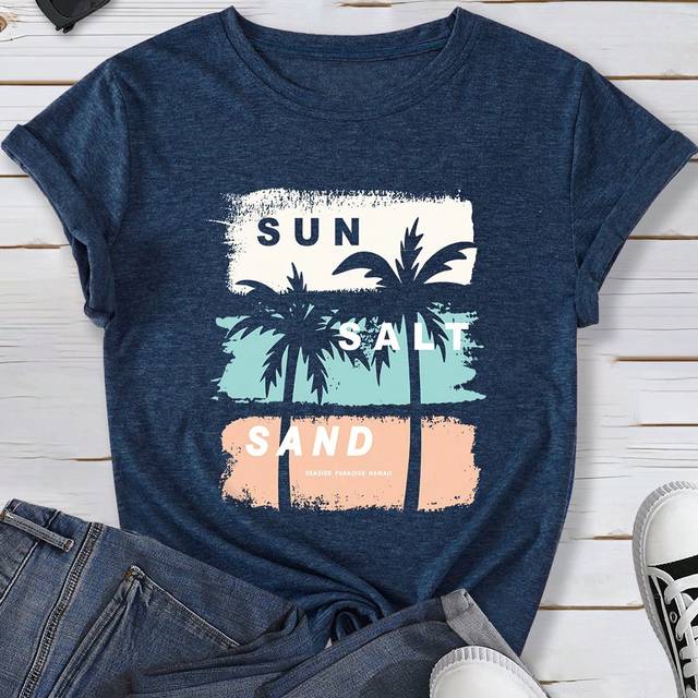 SHEIN Plus Size Women&#39;s Summer Coconut Tree & Letter Print Casual Short Sleeve T-Shirt With Hot Stamping Graphic Tees Women Tops