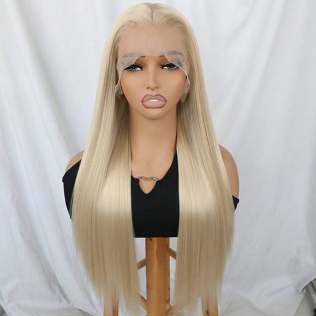 SHEIN Light Blonde Color Hair Lace Front Wigs Synthetic 13x4 Long Silky Straight Heat Resistant Fiber Glueless Frontal Lace Replacement Wig Pre Plucked With