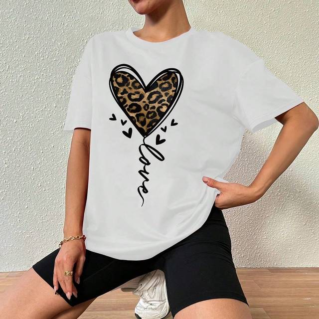 SHEIN Women&#39;s Loose-Fit Casual Drop Shoulder T-Shirt With Printed Design Graphic Cheetah Print Tees Women Tops
