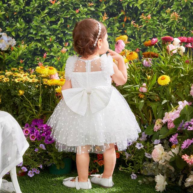 SHEIN Fern Glow  Baby Girl Elegant Textured Polka Dot Mesh Dress With Ruffle Hem And Patchwork, Princess Style
