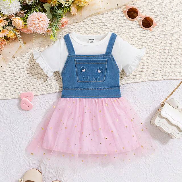 2st/set Bebis Flickans Vår/sommar , Denim Broderat Overaller Topp + Rosa Tulle kjol (6-9M,9-12M,12-18M,18-24M,2-3Y,3-6M)