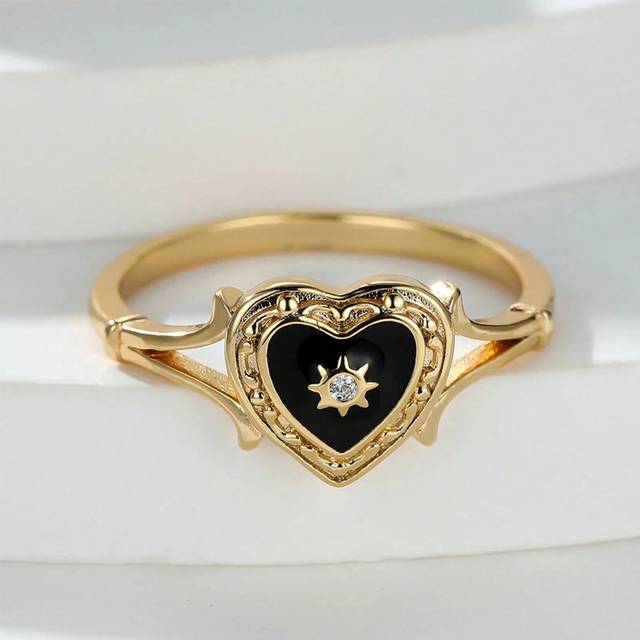 Bohemian Heart Guldring För Kvinnor Kärlek Svart Emalj Ring För Kvinnor Fingerdeklaration Smycken Alla hjärtans dag present (7,9,6,8,10)