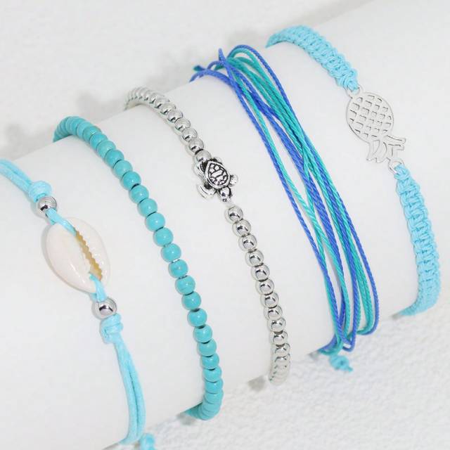SHEIN 5pcs Bohemian Handmade Braided Bracelet With Shell Decoration And Beads For Women, Summer Beach Vacation Party Accessories