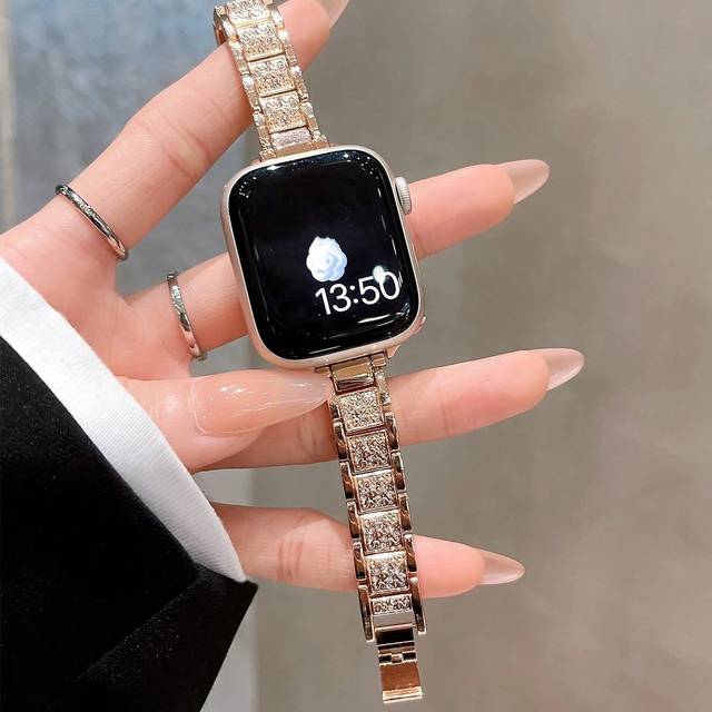 SHEIN 1PC Women Luxury Rhinestone Rose Gold Watch Band Stainless Steel Wrist Strap Compatible With Apple Watch Ultra Band 49mm 45mm 44mm 38mm 40mm 41mm 42mm