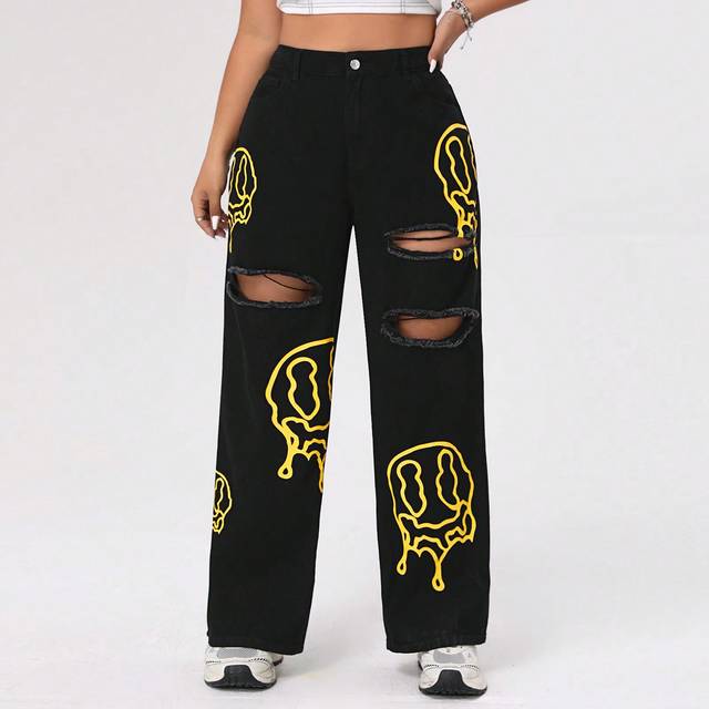 SHEIN Plus Size Straight Leg Boyfriend Jeans With Printed Emoticons And Distressed Details