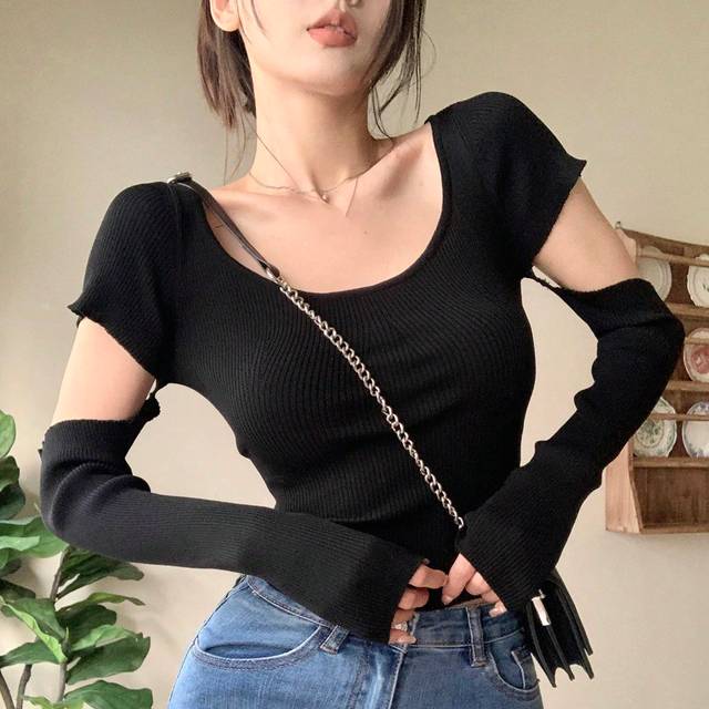 DAZY Solid Color Slim Fit Hollow Out Sweater With Round Neck