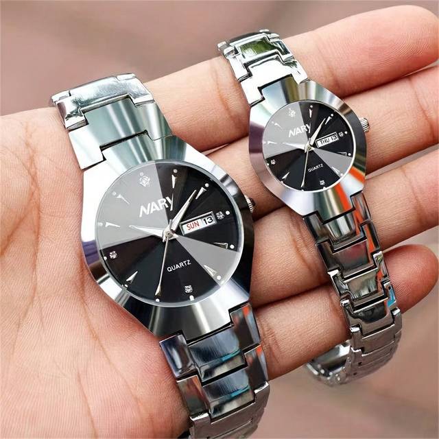 NARY 2pcs/Set Couple&#39;s Quartz Watch With Calendar Function, Business & Fashion Design, Ideal Valentine&#39;s Day Gift For Men & Women, Suitable For Daily Wear