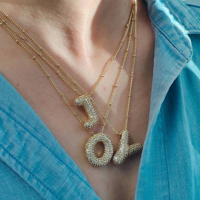 SHEIN CZ Zirconia Crystal 26 A-Z Letters Pendant Necklace For Women Punk Initials Name Necklace Fashion Stainless Steel Hip Hop Jewelry