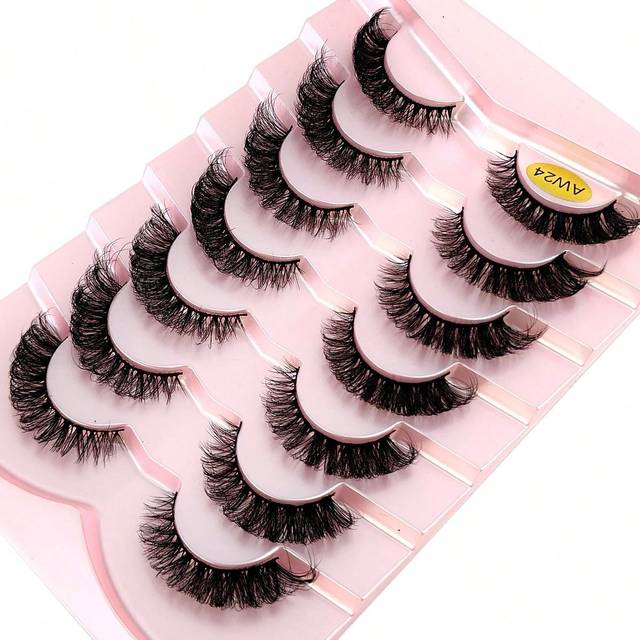 SHEIN 7pairs Classic Russian Volume Eyelash Extension In Cat Eye Style With Mink Hair Material, Natural Looking D Curl Fluffy Fake Eyelashes