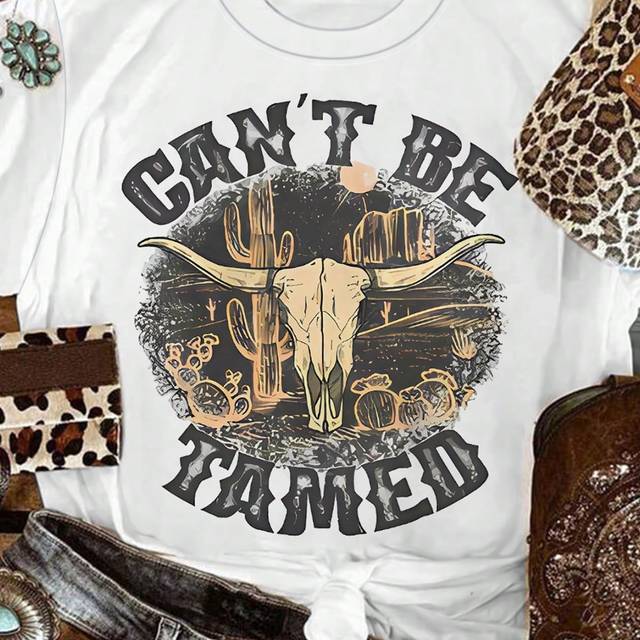 SHEIN Plus Size Women&#39;s Vintage Punk Skull Bull Head Printed Short-Sleeve T-Shirt For Summer Graphic Tees Women Tops