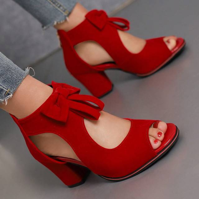 SHEIN Fall/Winter Red Suede Bow Knot Peep Toe Sandals/Boots,Boots For Women