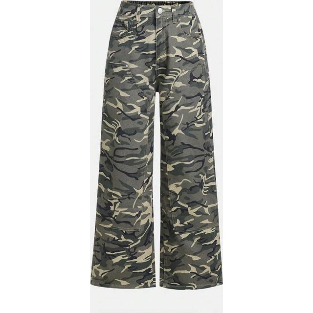 SHEIN Teen Girls&#39; Y2k Streetwear Camouflage Low Waist Wide Leg Denim Pants