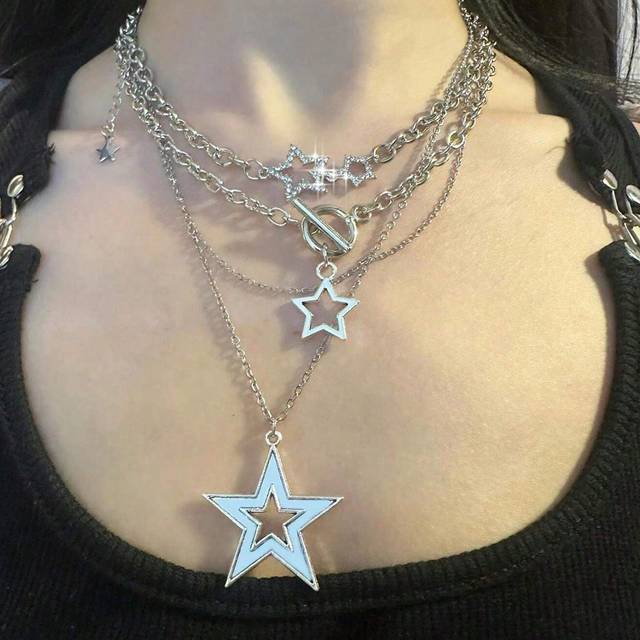SHEIN 3pcs Big Star Multi-Layered Necklaces For Women, Vintage Style, Punk & Fairy, Y2k Choker Necklace