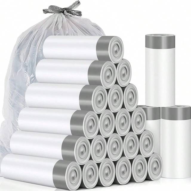 SHEIN 60pcs Gray Drawstring Trash Bag 4 Gallon, Small Garbage Bags For Home, Office, Bedroom, Bathroom, White 4 Gallon Trash Can Liner, Easy Carry Prevent O
