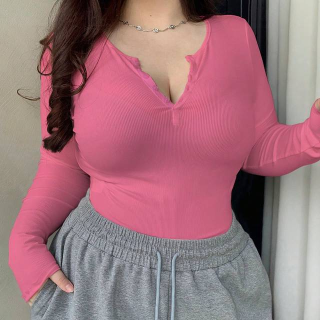 DAZY Plus Size Women&#39;s Solid Color Button Half Placket Long Sleeve T-Shirt