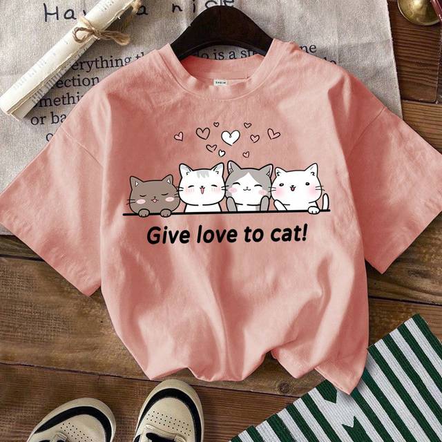 SHEIN Young Girls&#39; Casual Cute Multicolor Cat & English Letter & Heart Printed Short Sleeve T-Shirt, Summer