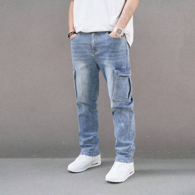 Vattentvättade jeans jeans för män med invändiga fickor med blixtlås, slät passform långa cargo ljusblå tvättade cargo jeans, för make, pojkvän presen (L,M,S,XL,XXL)