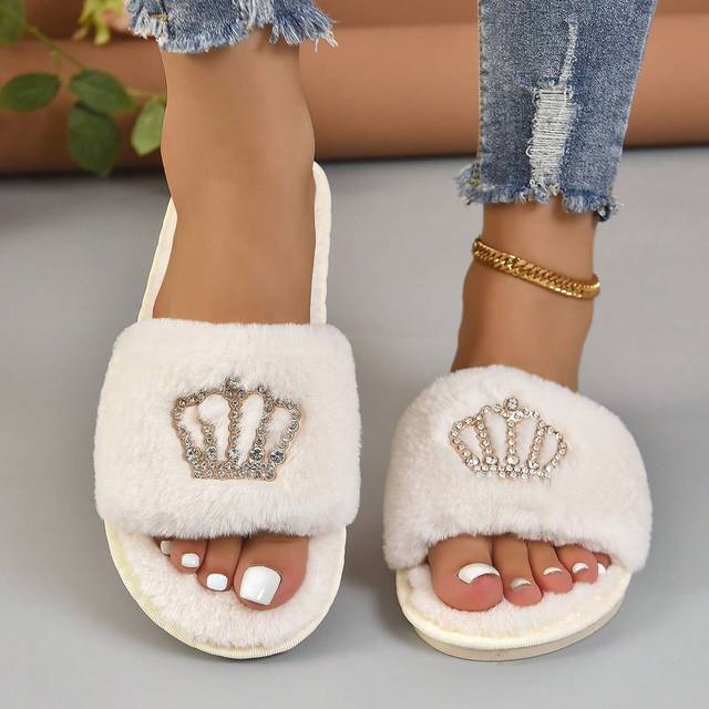 Kvinnors Hemma Tofflor Metall Krona Dekor Fluffig Fashionabel Platt Inomhus Sovrumstofflor Enfärgad Pälsiga Öppen Tå Skor - Beige (CN36-37,CN38-39,CN40-41,CN42-43)