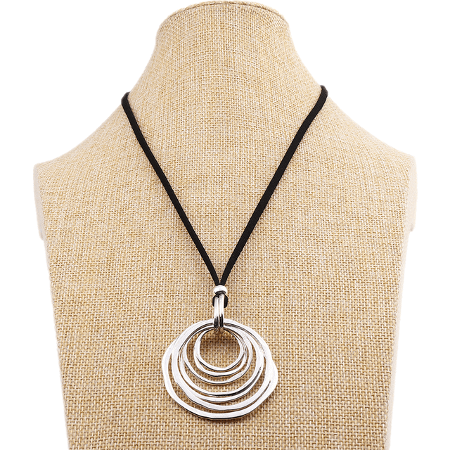 SHEIN 1pc Fashion Silver/Gold Tone 7-Ring Pendant On 32 Inch Black Suede Cord Necklace