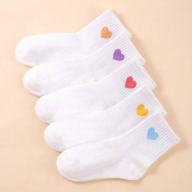 SHEIN 5 /10/20 Pairs/Pack White Couple Cartoon Expression Design Simple & Breathable Children&#39;s Mid-Calf Socks Valentine&#39;s Day
