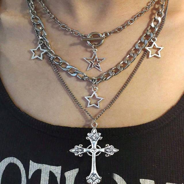 SHEIN 3pcs/Set Vintage Gothic Punk Style Cross, Faux Pearl And Star Shaped Pendant Necklaces For Girls With Gothic European & American Y2k Design