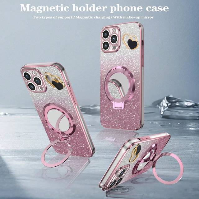 Spegel + Telefonfall Med Stativ , Kollisionsskydd Nyhet Elektroplating Teknologi , Kompatibel med Äpple , Samsung + , Xiaomi , Oppo , , + Full Räck - Rosa (Multi-size)