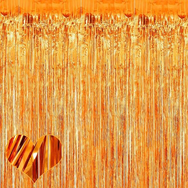 SHEIN 4packs Orange Foil Fringe Curtains Set & Metallic Photo Booth Backdrop Door Curtain, Perfect Decorations For Halloween Party, Wedding, Engagement, Bir