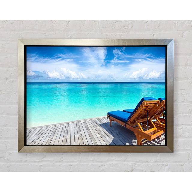 Sunchairs On Decking On The Beach Framed Print - Silver Framed Paper (100cm H x 141.4cm W x 3.4cm D)