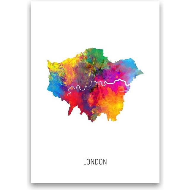 London Watercolour Map by Michael Tompsett - Graphic Art Print - Unframed (42cm H x 30cm W x 1cm D)