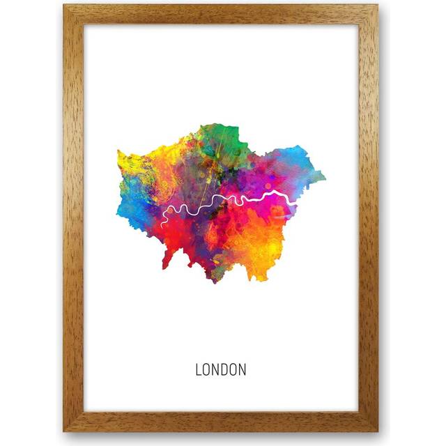 London Watercolour Map by Michael Tompsett - Graphic Art Print - Brown Framed (34cm H x 25cm W x 3cm D)