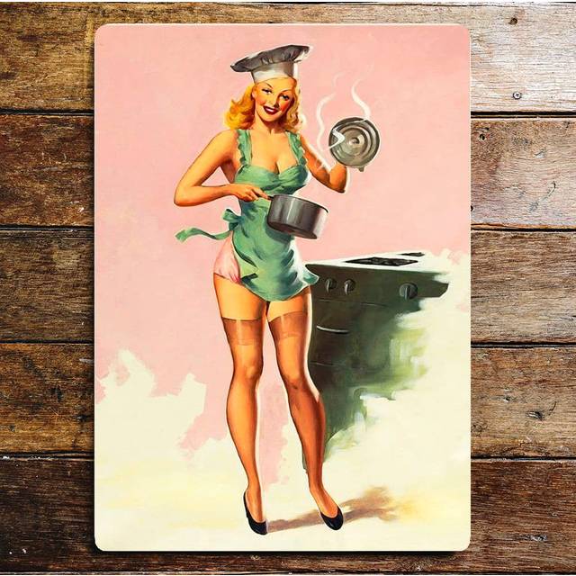 Pin Up Girl Kitchen Chef Metal Personalised Sign - Green;Pink;Cream (40cm H x 28cm W)
